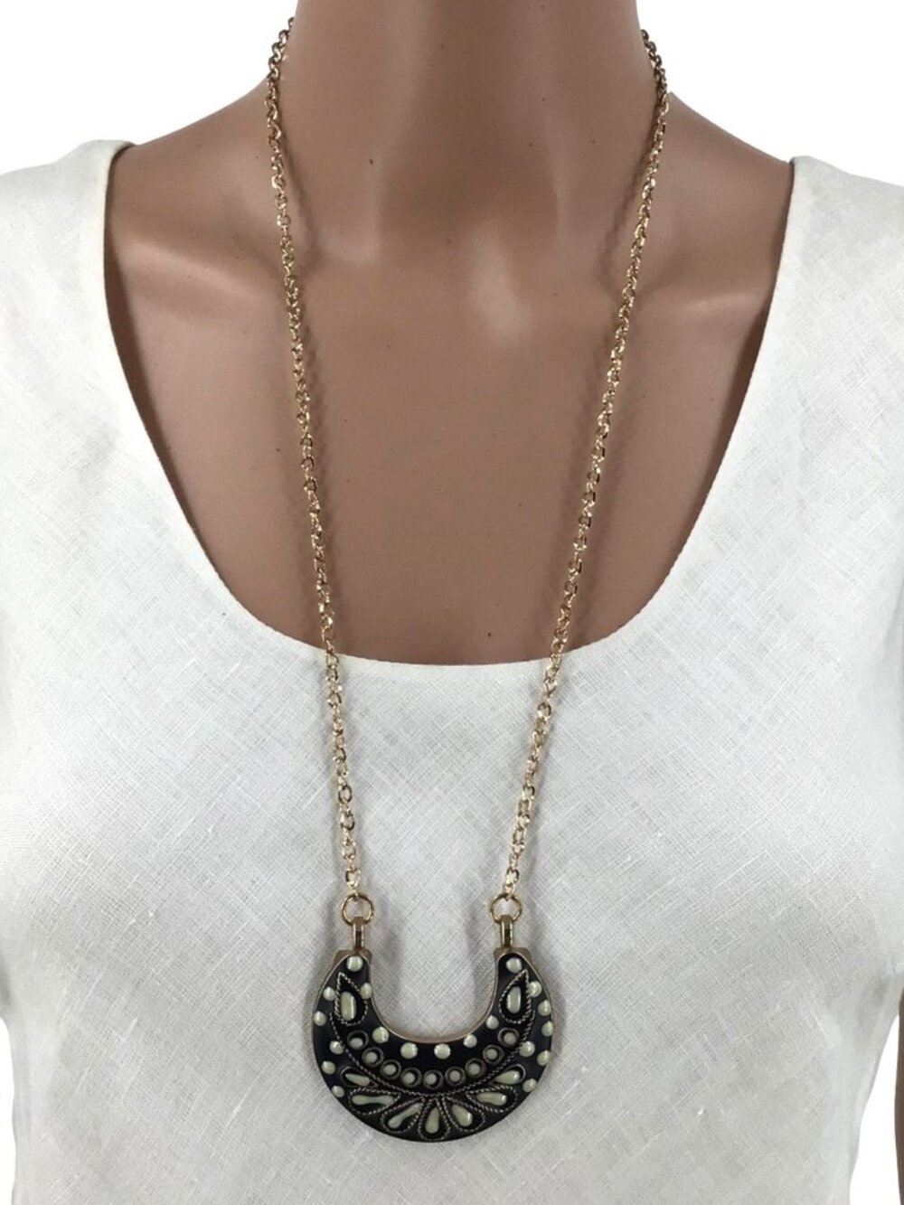 Bib Necklace Boho Style 28 Inch Length Gold Tone Chain Black White Plate
